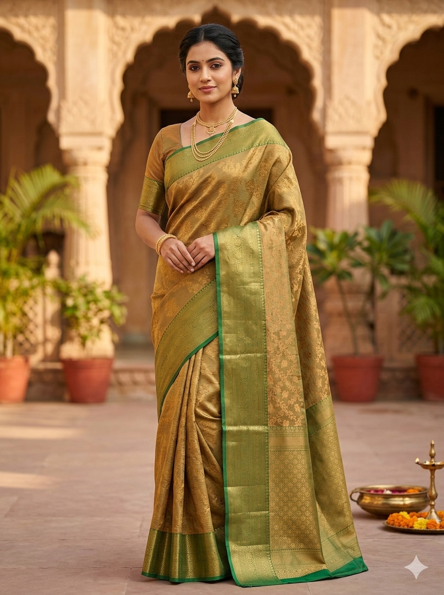 Olive gold Kanchipuram polyester silk saree with floral jacquard body and emerald green zari border - NN Silk Sarees